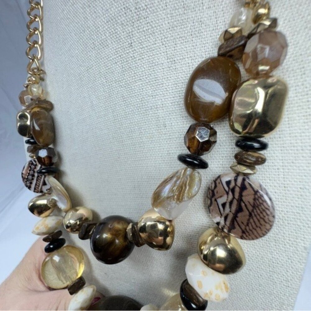 Gold Tone 2 Strands Mix Beads Necklace Glass, Mother of Pearl in Brown & White - Picture 3 of 6